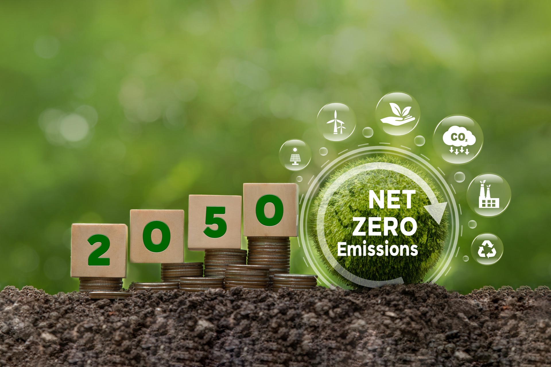 Net Zero Emissions by 2050. Carbon neutral.natural environment A climate-neutral long-term strategy greenhouse gas emissions targets. Sustainable environment development goals.