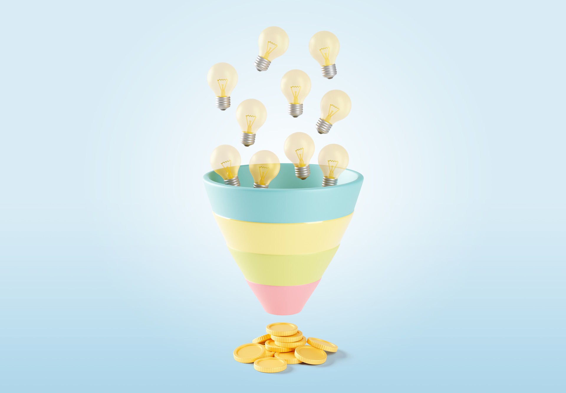 Light bulbs fall into the sales funnel as a symbol of an idea and we receive coins as a symbol of profit. 3d render