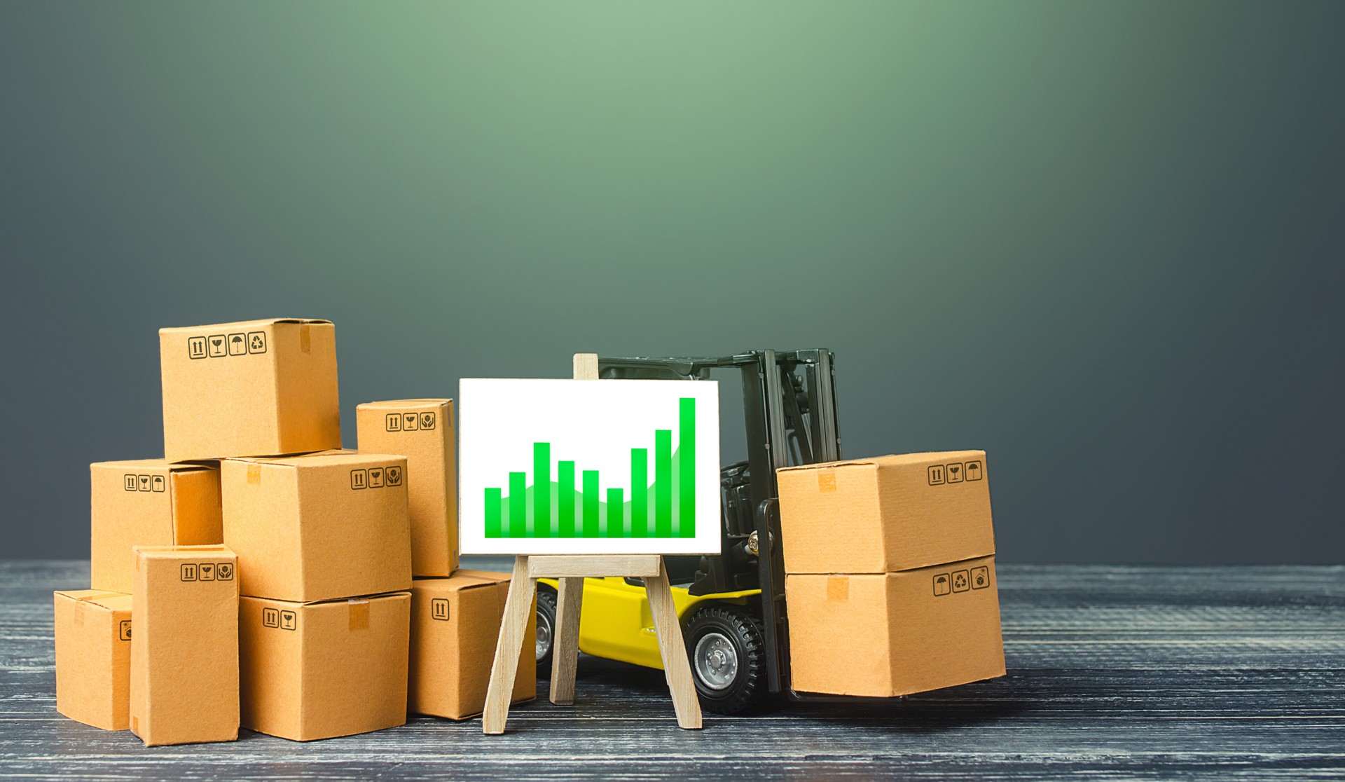 Forklift near boxes and easel with green positive trend growth chart. Growth trade production rates, increased sales. Economic rise and recovery. Price increase,higher income. High import export.